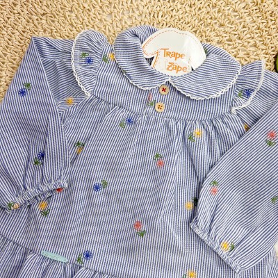 Vestido Listrado Manga Longa com Florzinhas - Azul